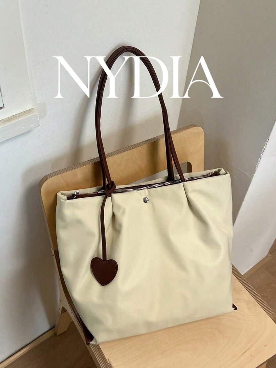 1pc Beige Nylon Tote Bag, Women's Minimalist Large Capacity Shoulder Bag, With Heart Pendant, Durable Handbag, Suitable For Work, Commute, Travel And Outings