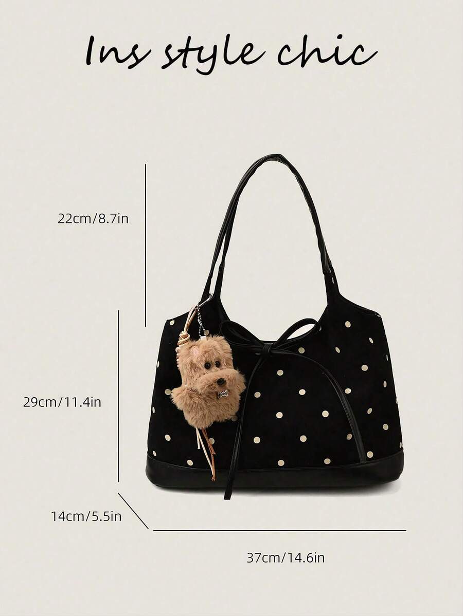 Polka Dot Print Bow Plush Pendant Accessory Decoration, Large Capacity Personal Item Storage, Vintage Sweet Cool Style Tote Bag Suitable For Daily School Commute Shopping Travel Outings, Shoulder Unde