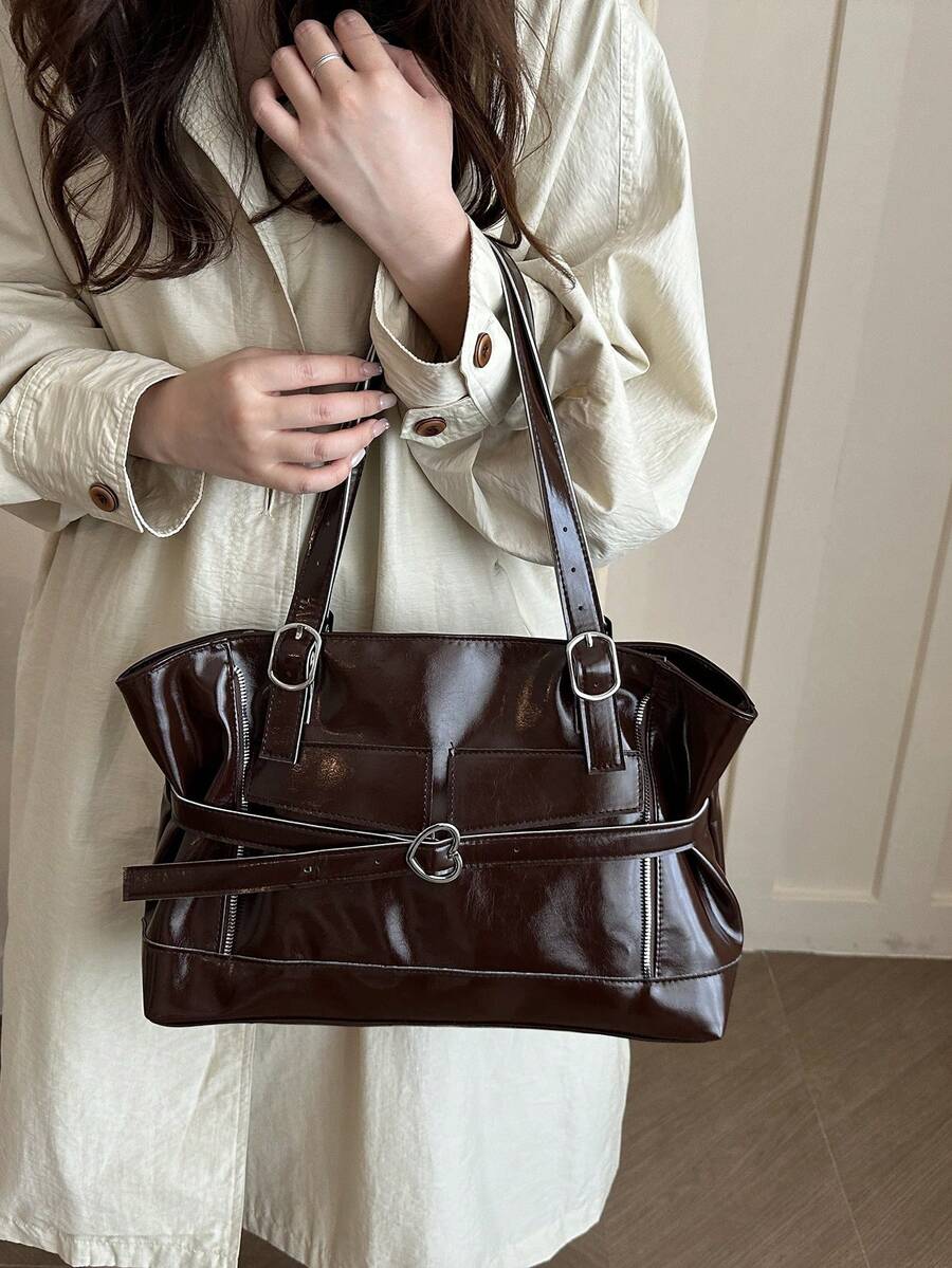 New Fashion Belt Decor Handbag & Shoulder Bag, Suitable For Party, Gathering, Outing, Vacation, Shopping And Daily Use, Can Store Coins, Phone, Also As Commuter Bag For White-Collar, College Students