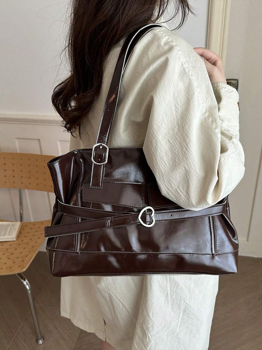 New Fashion Belt Decor Handbag & Shoulder Bag, Suitable For Party, Gathering, Outing, Vacation, Shopping And Daily Use, Can Store Coins, Phone, Also As Commuter Bag For White-Collar, College Students