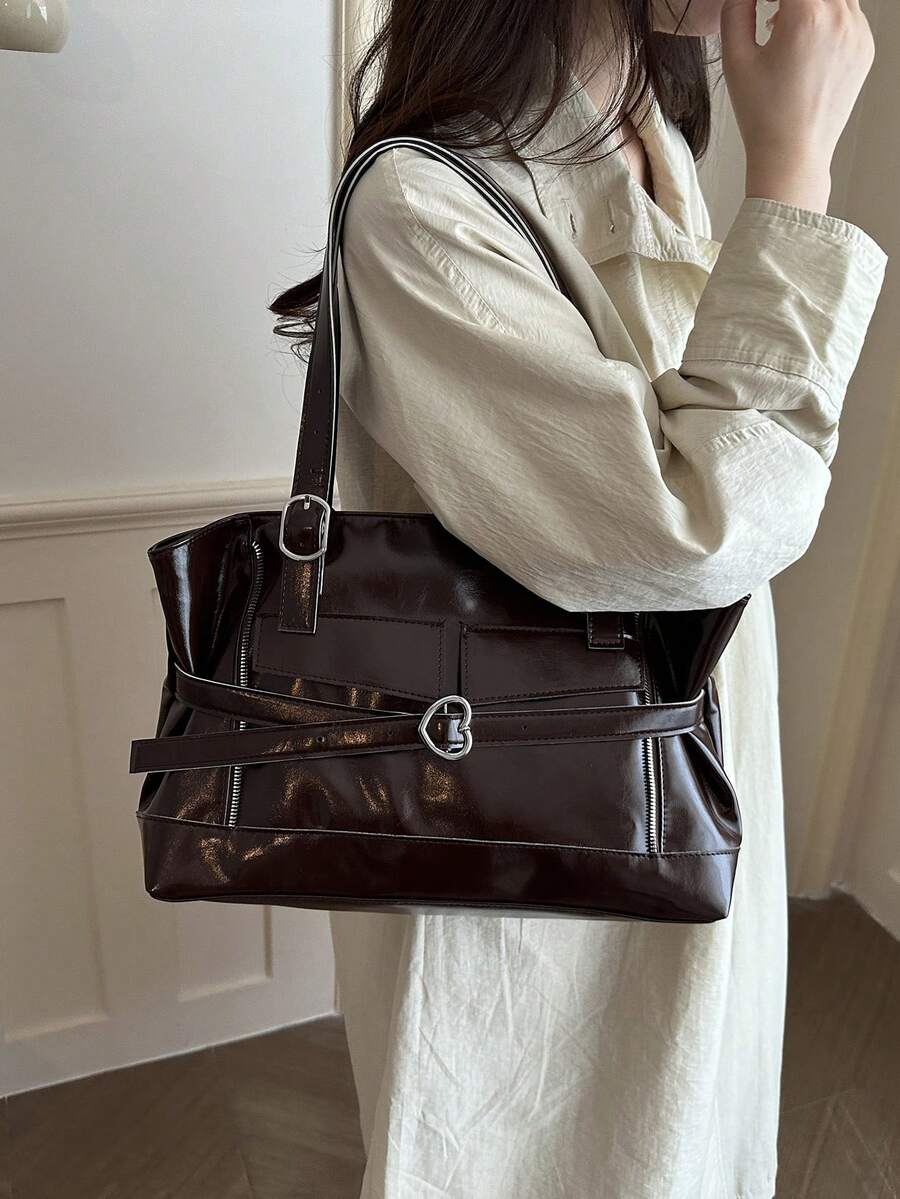 New Fashion Belt Decor Handbag & Shoulder Bag, Suitable For Party, Gathering, Outing, Vacation, Shopping And Daily Use, Can Store Coins, Phone, Also As Commuter Bag For White-Collar, College Students