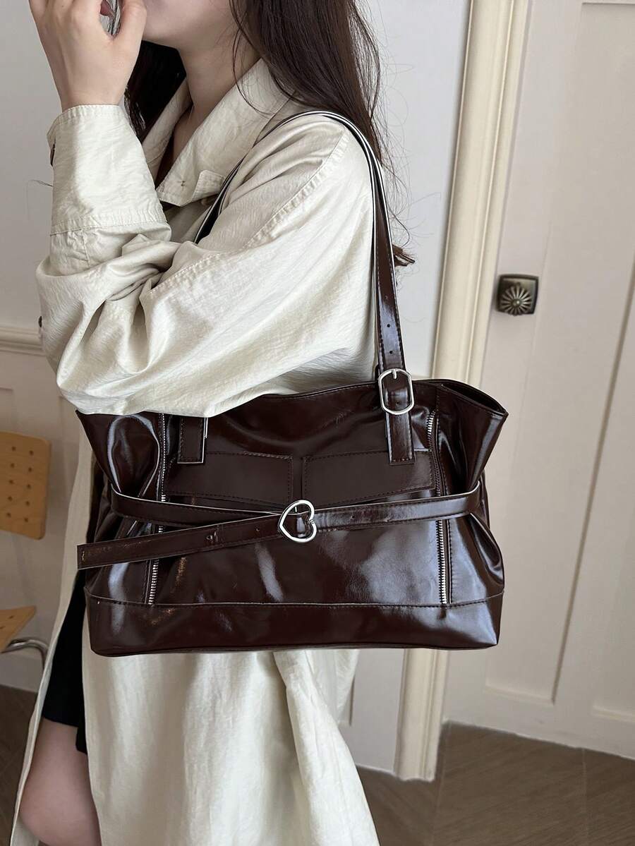 New Fashion Belt Decor Handbag & Shoulder Bag, Suitable For Party, Gathering, Outing, Vacation, Shopping And Daily Use, Can Store Coins, Phone, Also As Commuter Bag For White-Collar, College Students