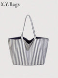 Women Tote Bag Striped Canvas Large Capacity Soft Shoulder Carryall Casual Daily Vacation Beach Bag