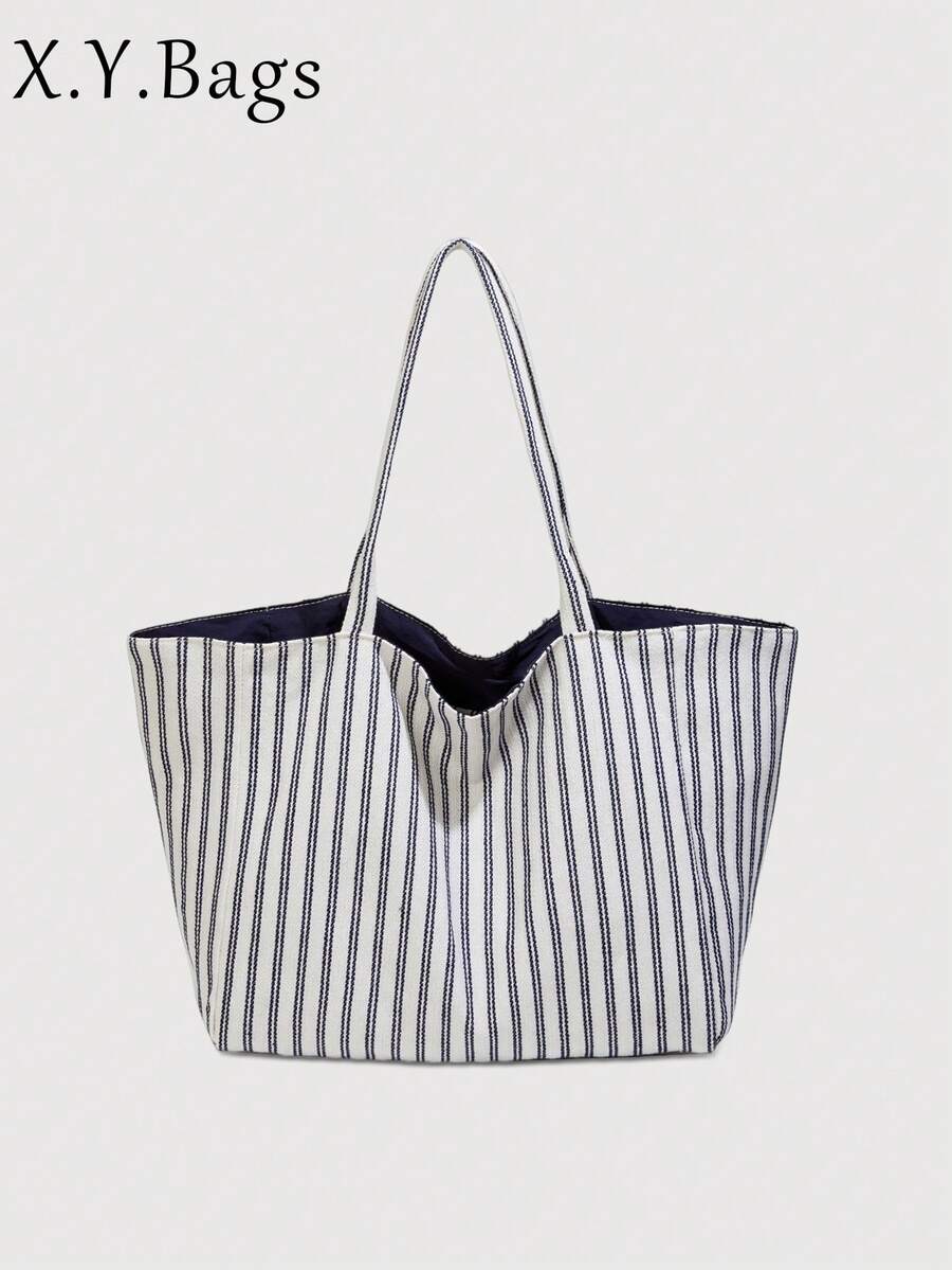 Women Tote Bag Striped Canvas Large Capacity Soft Shoulder Carryall Casual Daily Vacation Beach Bag