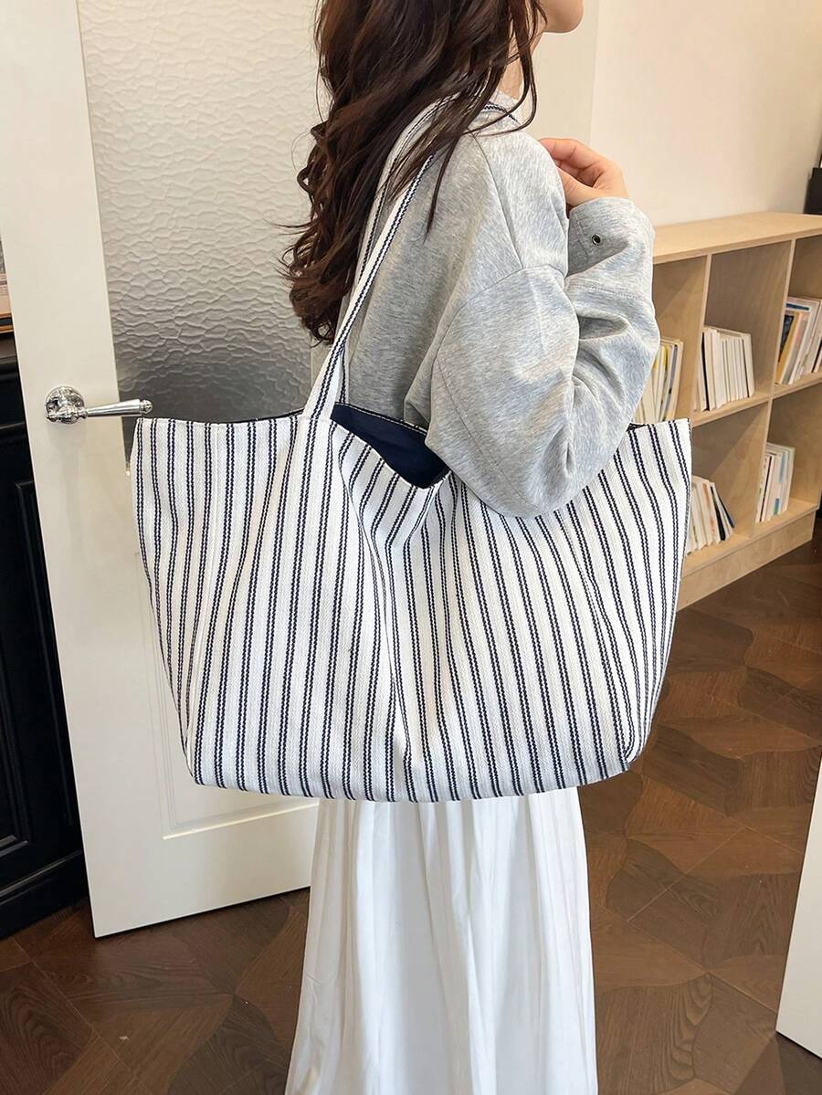 Women Tote Bag Striped Canvas Large Capacity Soft Shoulder Carryall Casual Daily Vacation Beach Bag