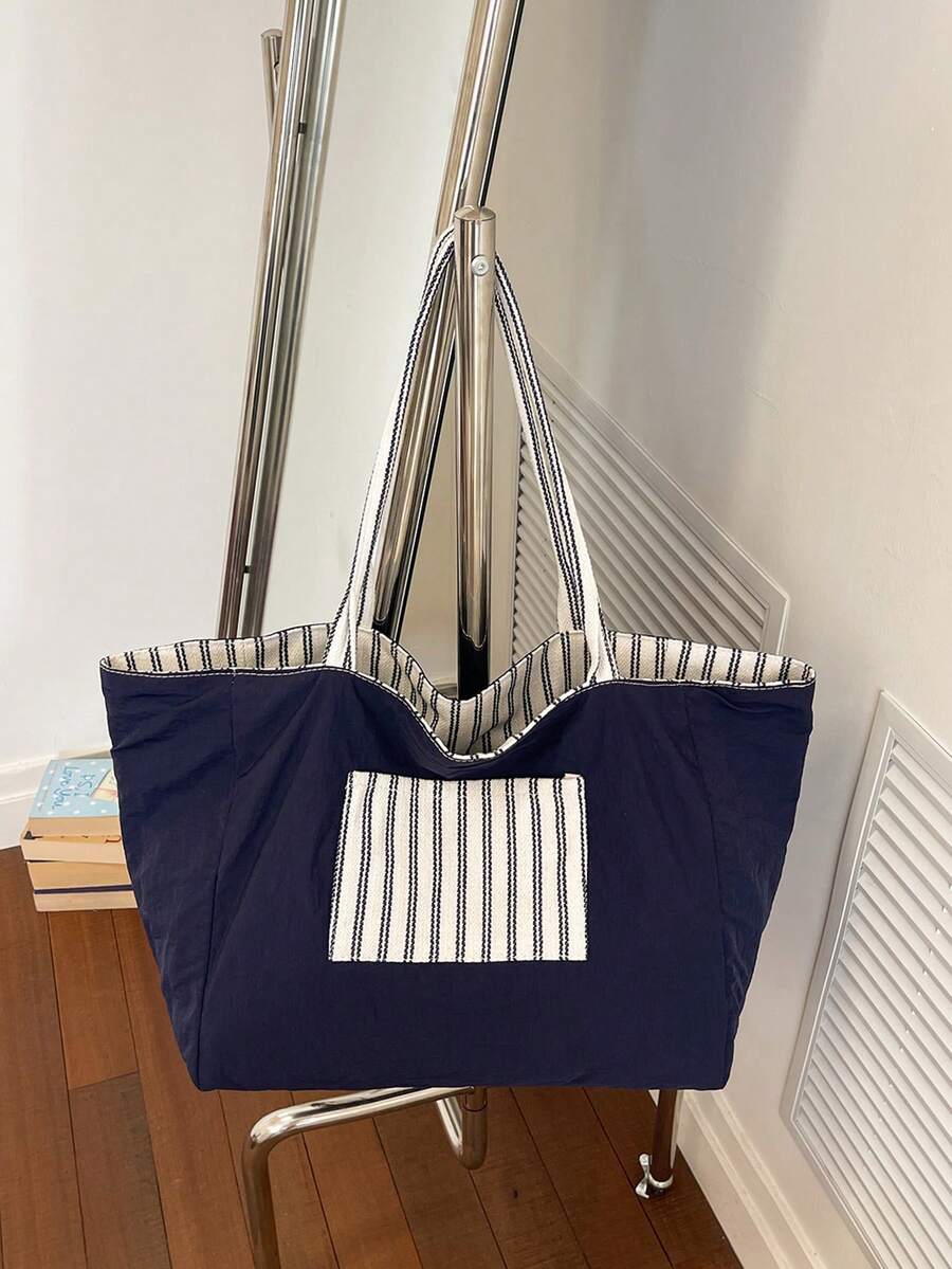 Women Tote Bag Striped Canvas Large Capacity Soft Shoulder Carryall Casual Daily Vacation Beach Bag