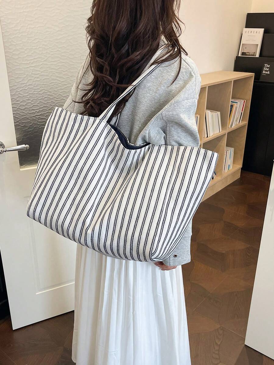 Women Tote Bag Striped Canvas Large Capacity Soft Shoulder Carryall Casual Daily Vacation Beach Bag
