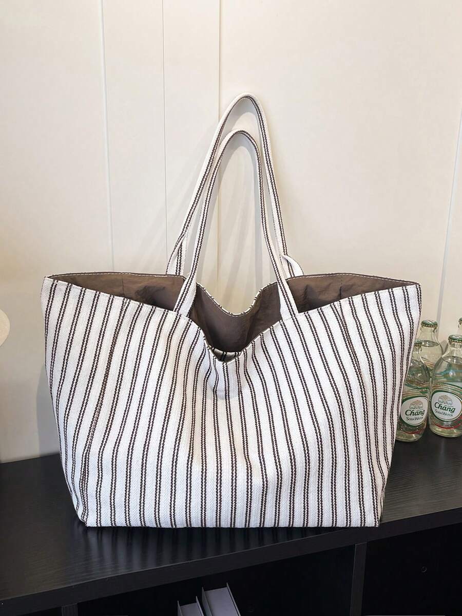Women Tote Bag Striped Canvas Large Capacity Soft Shoulder Carryall Casual Daily Vacation Beach Bag