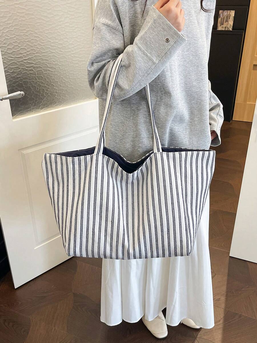 Women Tote Bag Striped Canvas Large Capacity Soft Shoulder Carryall Casual Daily Vacation Beach Bag