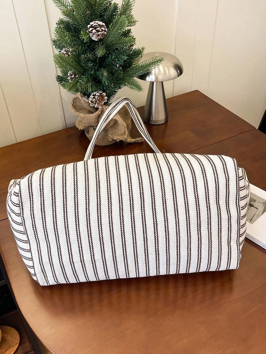 Women Tote Bag Striped Canvas Large Capacity Soft Shoulder Carryall Casual Daily Vacation Beach Bag