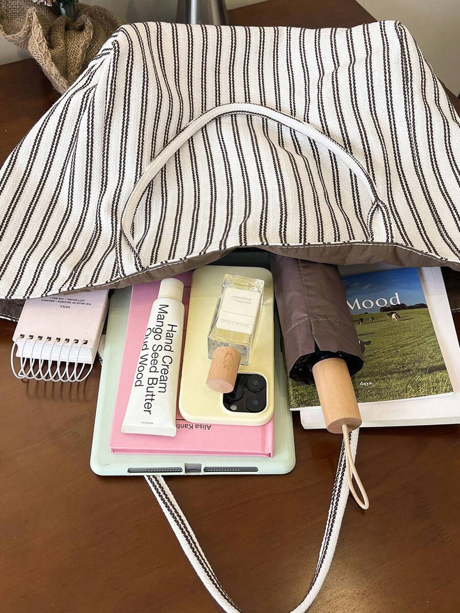 Women Tote Bag Striped Canvas Large Capacity Soft Shoulder Carryall Casual Daily Vacation Beach Bag