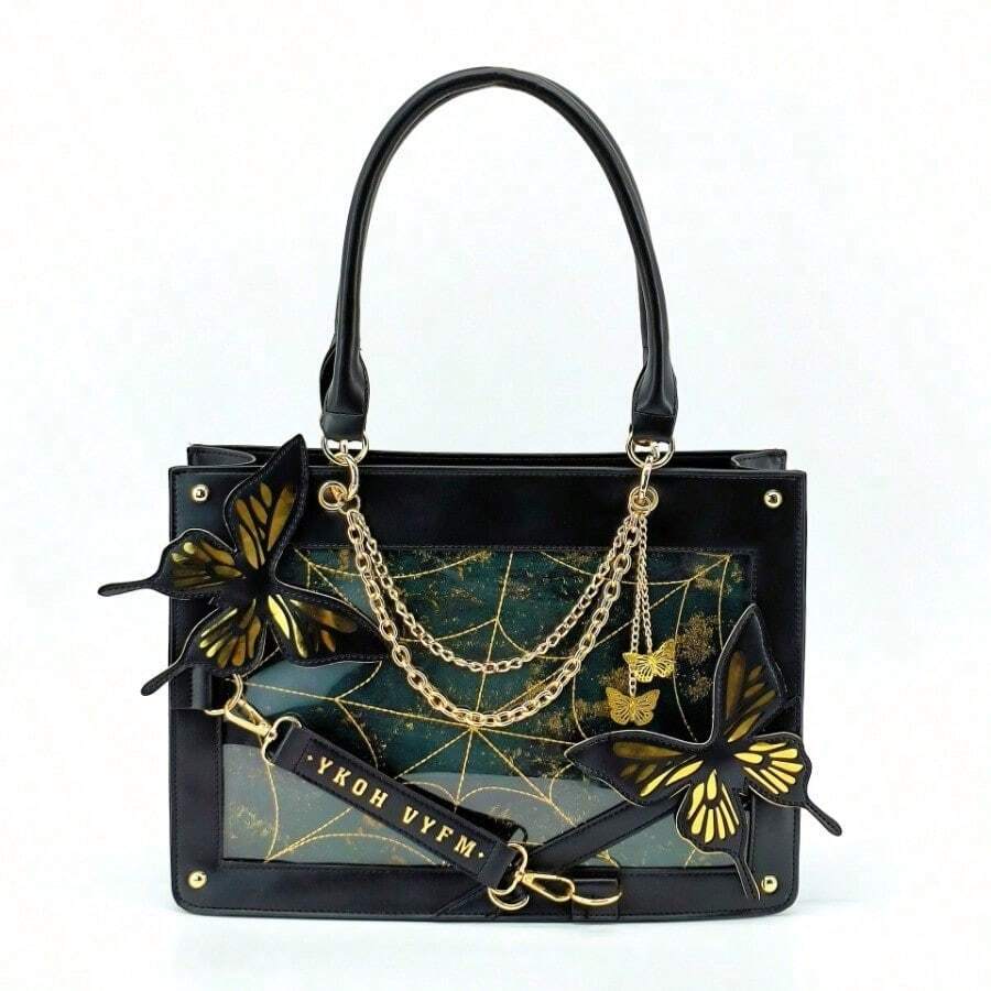 Women Gothic Maze Butterfly Ita Tote Bag,Y2K Dark Aesthetic Hand‑Crossbody Purse For Anime Expo Comic Con Daily Street Weekend Gathering
