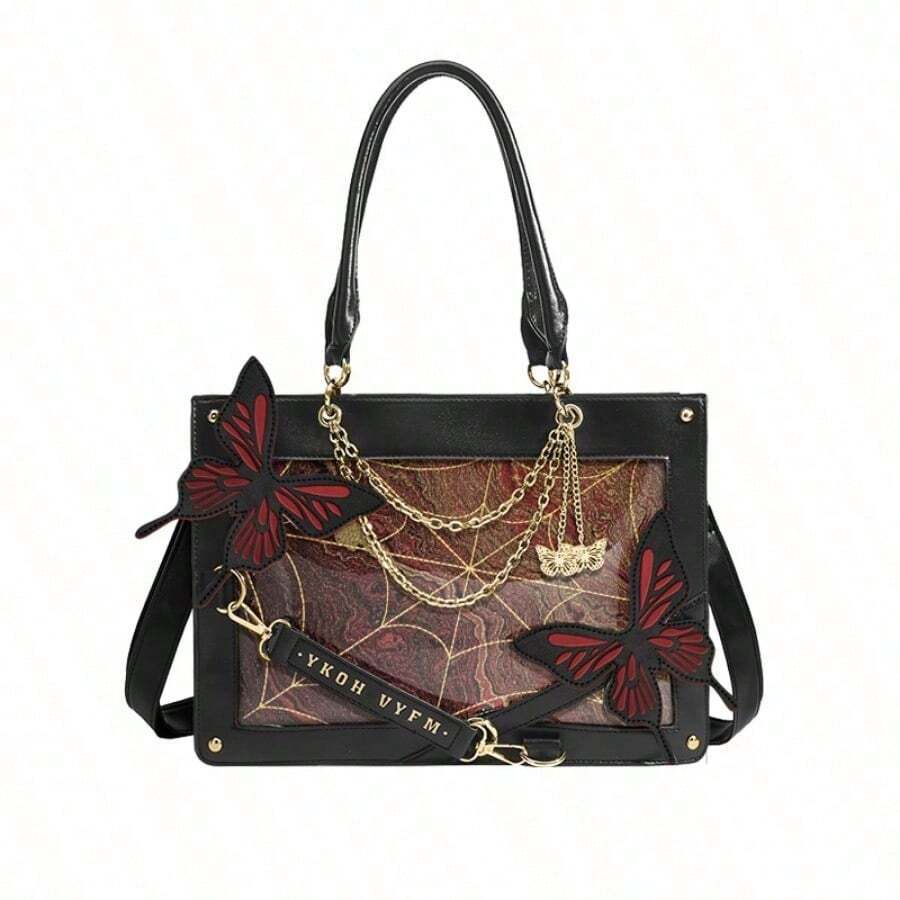 Women Gothic Maze Butterfly Ita Tote Bag,Y2K Dark Aesthetic Hand‑Crossbody Purse For Anime Expo Comic Con Daily Street Weekend Gathering