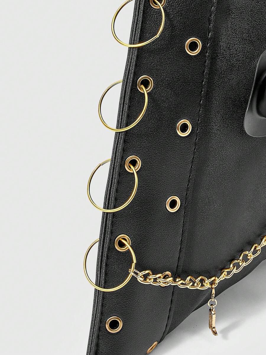ROMWE Black Punk Metal Rivet Chain Tote Bag For Women, Vintage Multi-Hardware Pendant Shoulder Bag, HOBO Bag, Y2K, Hot Girl, Sweet & Cool