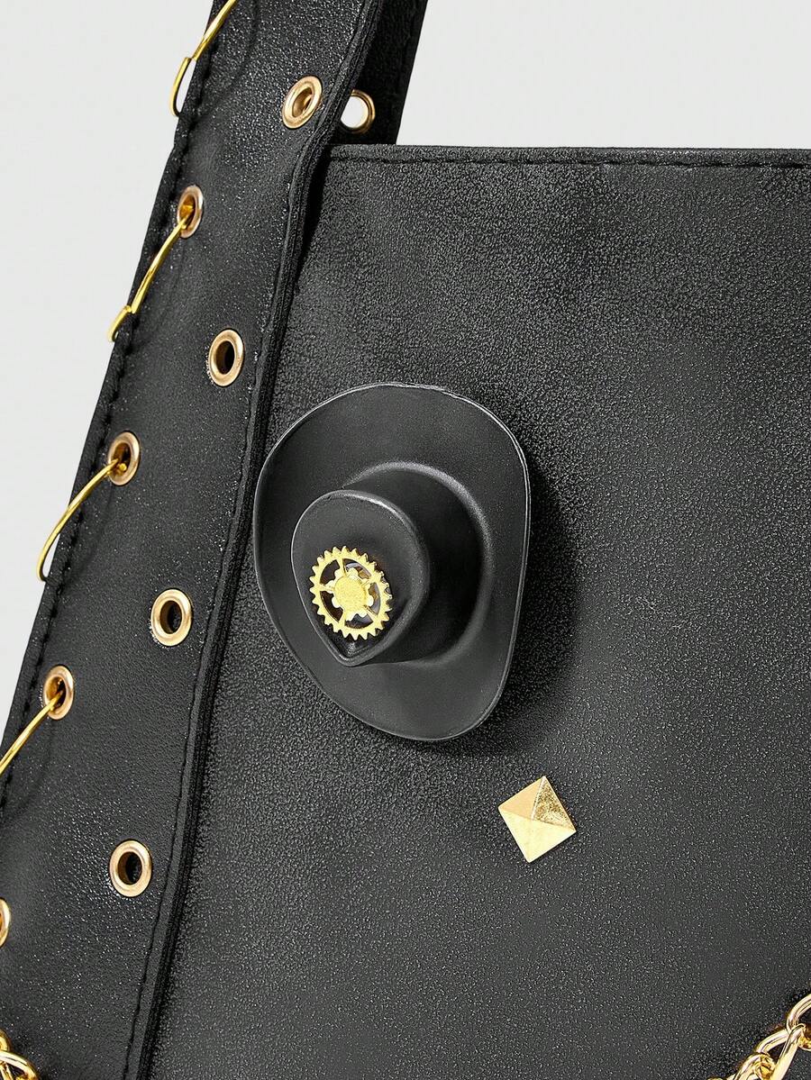 ROMWE Black Punk Metal Rivet Chain Tote Bag For Women, Vintage Multi-Hardware Pendant Shoulder Bag, HOBO Bag, Y2K, Hot Girl, Sweet & Cool