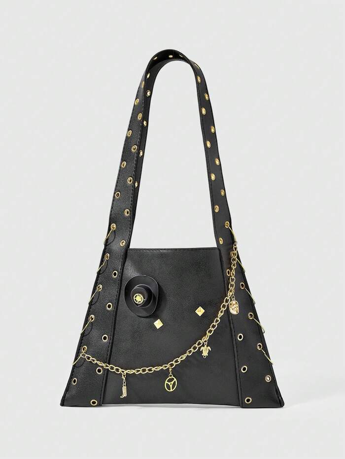 ROMWE Black Punk Metal Rivet Chain Tote Bag For Women