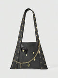 ROMWE Black Punk Metal Rivet Chain Tote Bag For Women