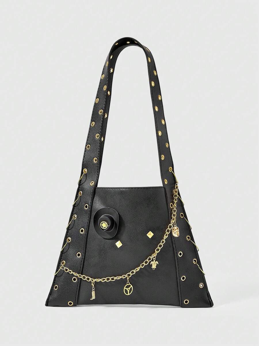 ROMWE Black Punk Metal Rivet Chain Tote Bag For Women, Vintage Multi-Hardware Pendant Shoulder Bag, HOBO Bag, Y2K, Hot Girl, Sweet & Cool