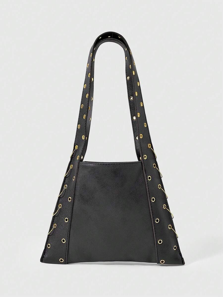 ROMWE Black Punk Metal Rivet Chain Tote Bag For Women, Vintage Multi-Hardware Pendant Shoulder Bag, HOBO Bag, Y2K, Hot Girl, Sweet & Cool