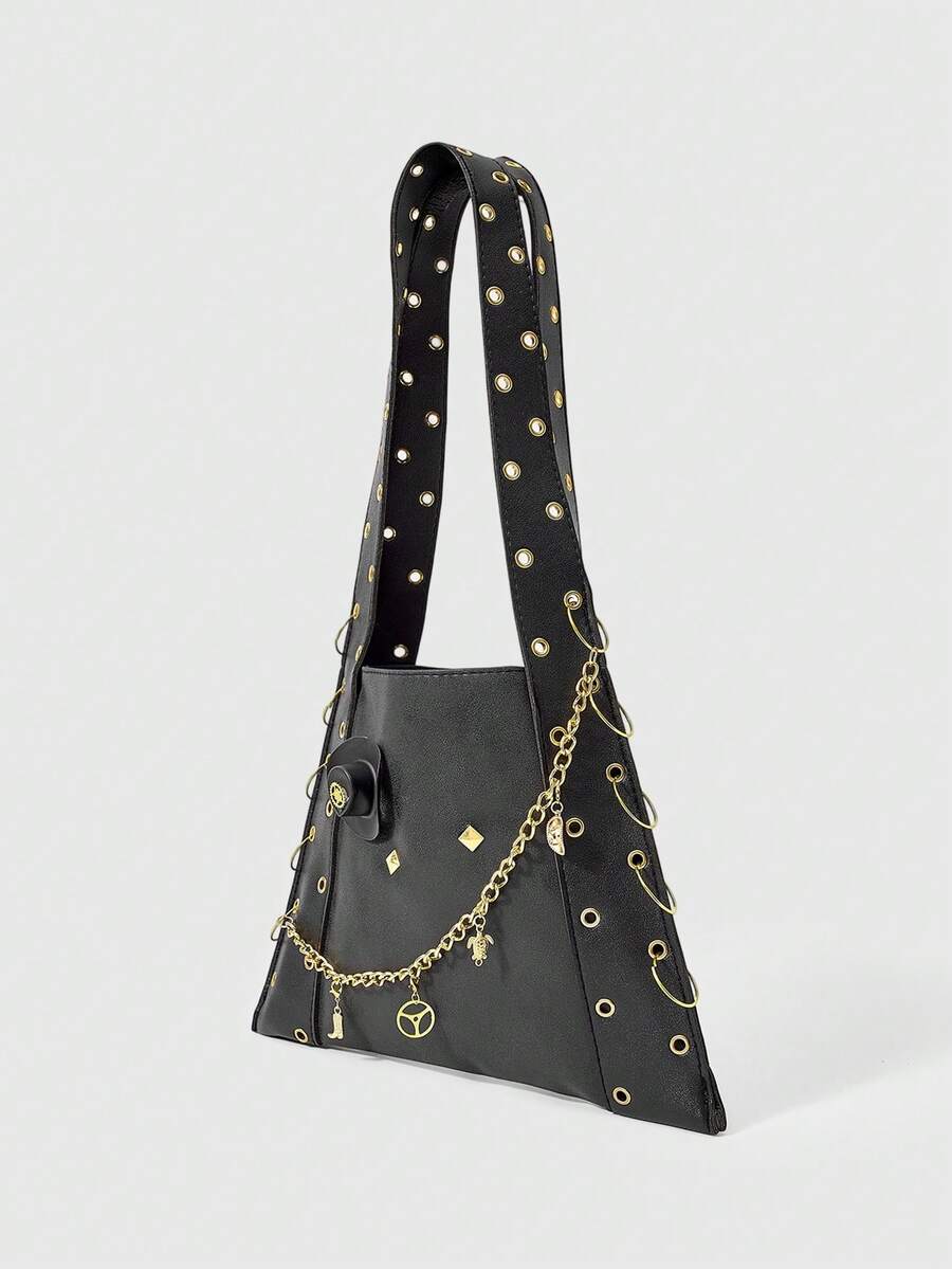 ROMWE Black Punk Metal Rivet Chain Tote Bag For Women, Vintage Multi-Hardware Pendant Shoulder Bag, HOBO Bag, Y2K, Hot Girl, Sweet & Cool