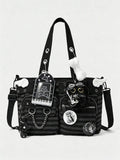 ROMWE Grunge Punk 1Pc Punk Academy Style Striped Shoulder Bag With Wing Badge Guitar Cat Pendant Large Capacity Multi-Pocket Tote Bag, Suitable For Daily Commuting