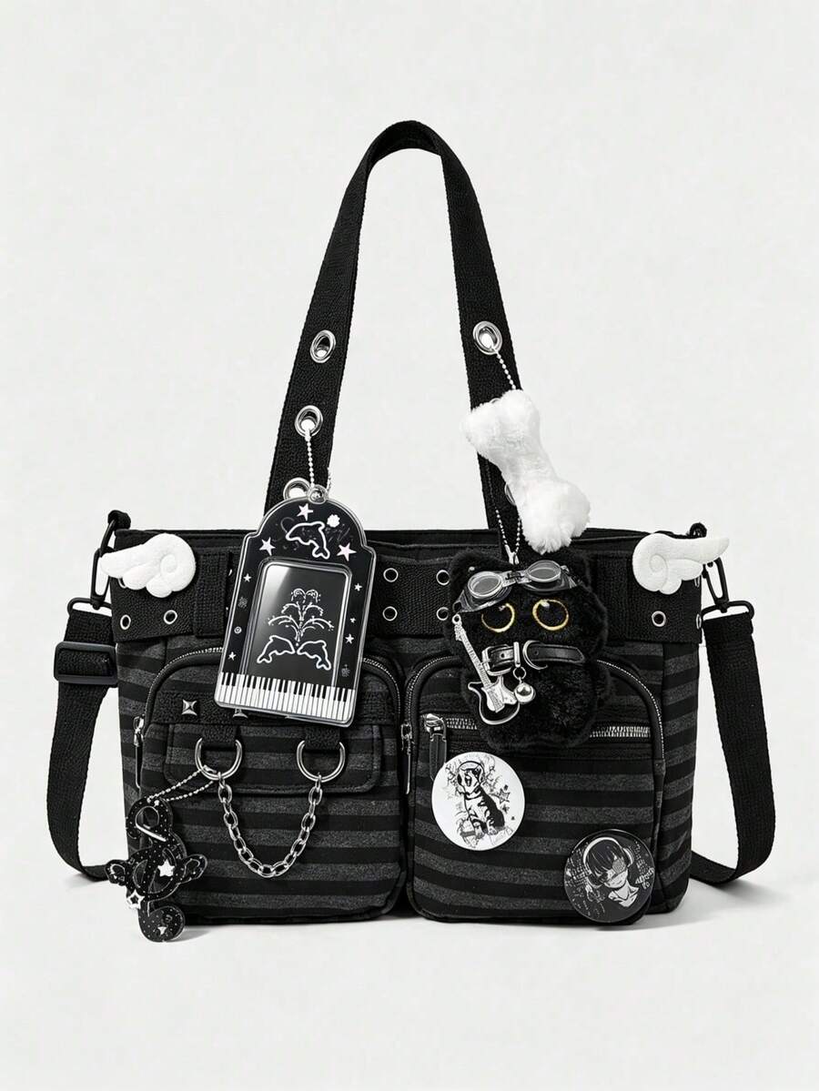 ROMWE Grunge Punk Dark Punk Academy Wind Striped Gas Eye Cross Badge Pendant Large Capacity Multi Pocket Tote Bag, Fashionable Casual Shoulder Bag, Suitable For Daily C