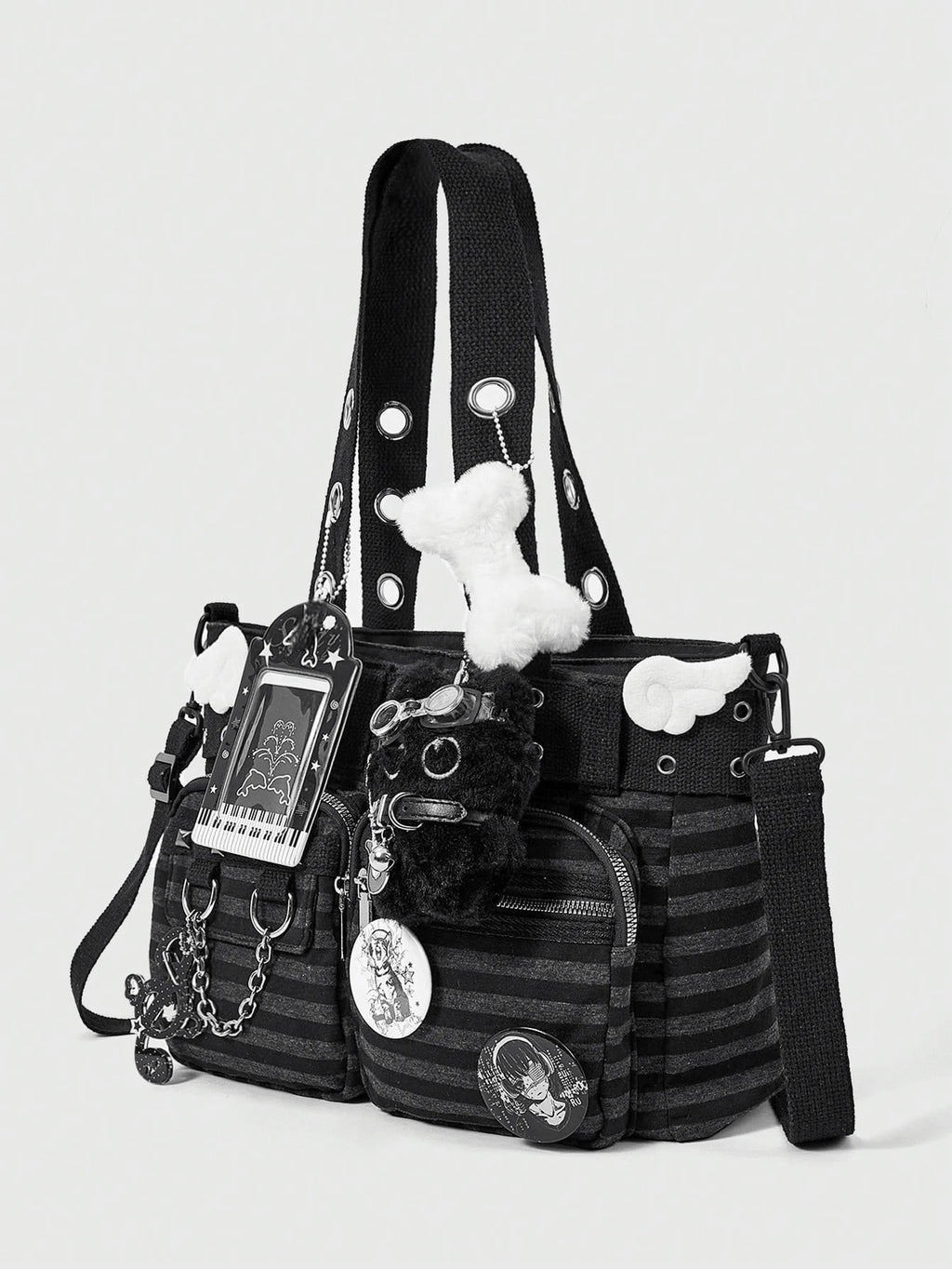 ROMWE Grunge Punk 1Pc Punk Academy Style Striped Shoulder Bag With Wing Badge Guitar Cat Pendant Large Capacity Multi-Pocket Tote Bag, Suitable For Daily Commuting