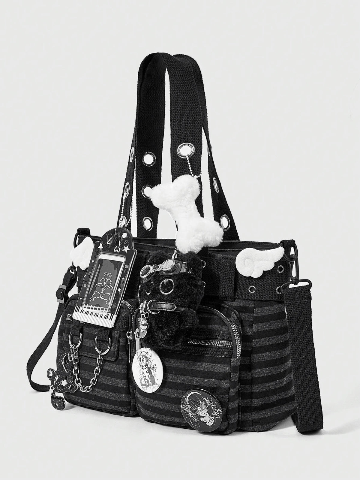 ROMWE Grunge Punk 1Pc Punk Academy Style Striped Shoulder Bag With Wing Badge Guitar Cat Pendant Large Capacity Multi-Pocket Tote Bag, Suitable For Daily Commuting