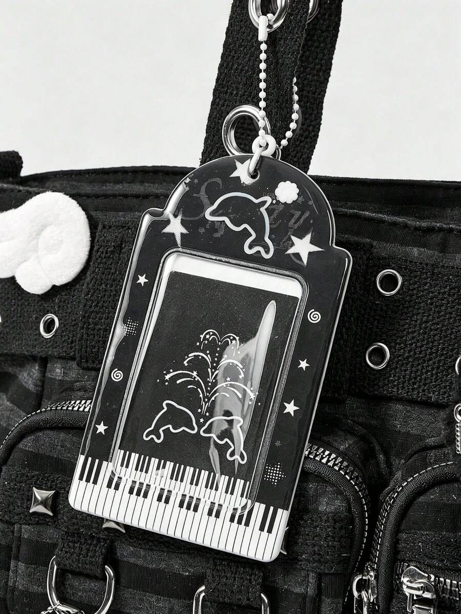 ROMWE Grunge Punk 1Pc Punk Academy Style Striped Shoulder Bag With Wing Badge Guitar Cat Pendant Large Capacity Multi-Pocket Tote Bag, Suitable For Daily Commuting