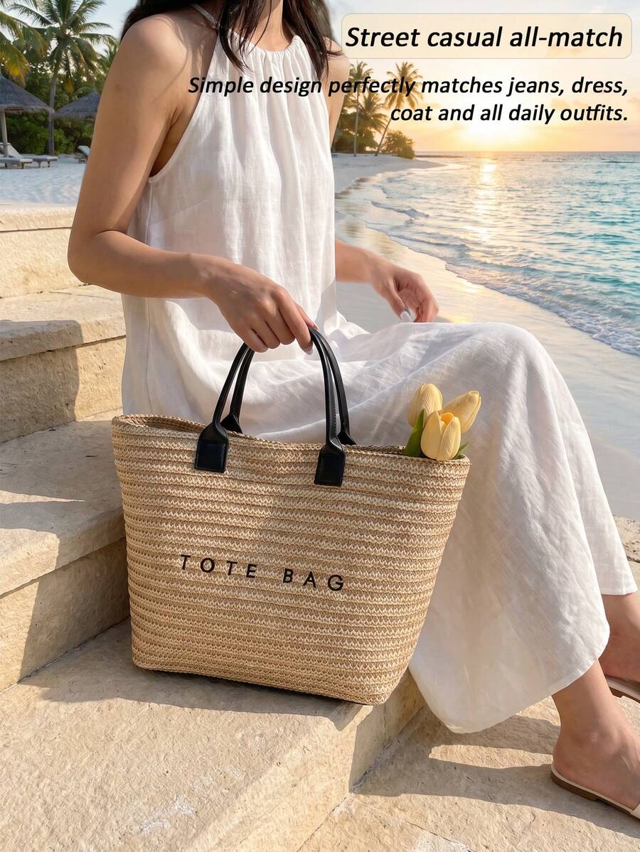 New Fashionable Woven Straw Tote Bag Multifunctional Purse Beach Vacation Handbag Back To School Travel Essentials Birthday Gift Cruise Essential