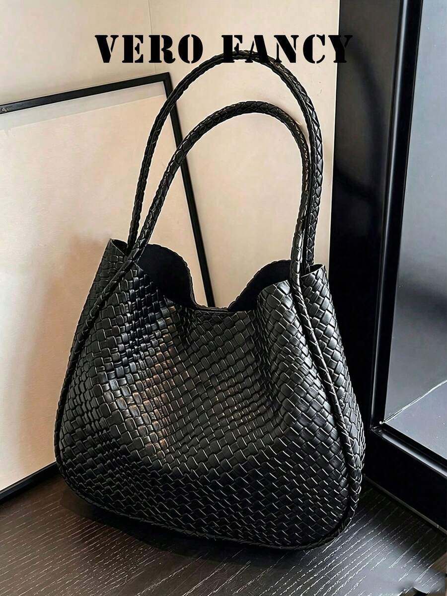 Fashionable Women's Large Capacity Woven Casual Minimalist Solid Color Faux Leather Handbag/Shoulder Bag, Suitable For Commuting, Shopping, Dating