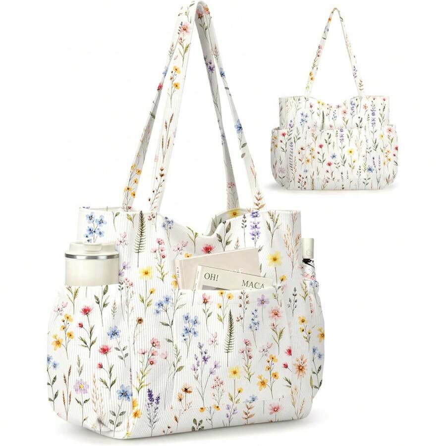 Women's Floral Series Corduroy Tote Bag Large Capacity Lightweight Multi-Pocket For Vacation Shopping Travel Gift Daily Use
