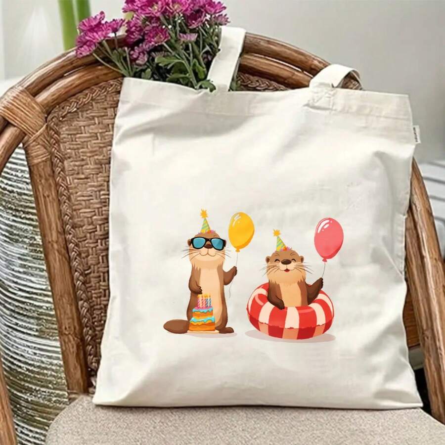 Otter Balloons And Cake Tote Bag Suitable For Women, School, Library, Shopping- Bookbag With Otter Print, For Mom, Students, Teachers Gift