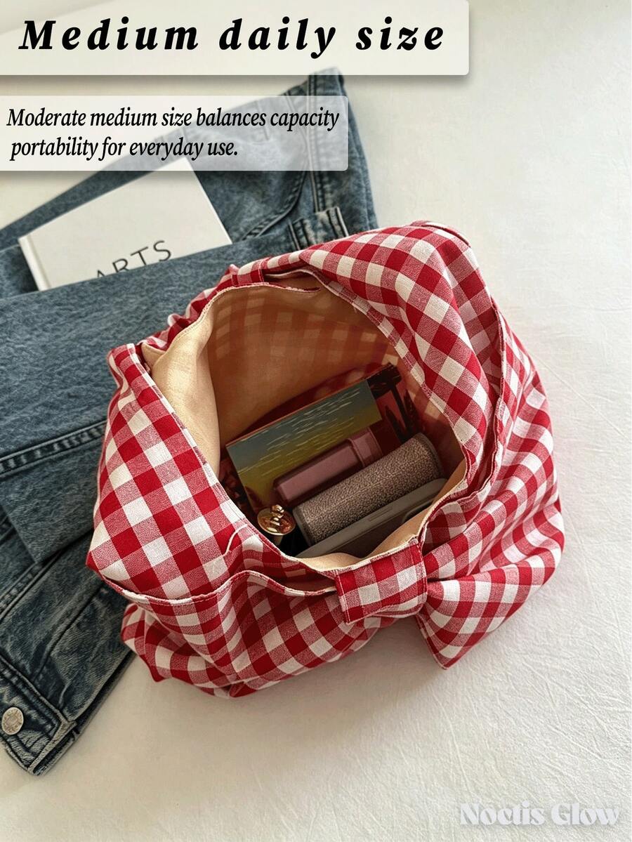 Women's Kawaii Bow-Shaped Canvas Tote Bag Red Red Purse Spacious Casual Shoulder Handbag For Summer Beach Travel Back To School