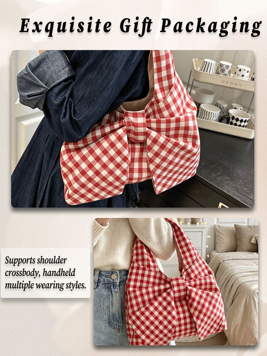 Women's Kawaii Bow-Shaped Canvas Tote Bag Red Red Purse Spacious Casual Shoulder Handbag For Summer Beach Travel Back To School