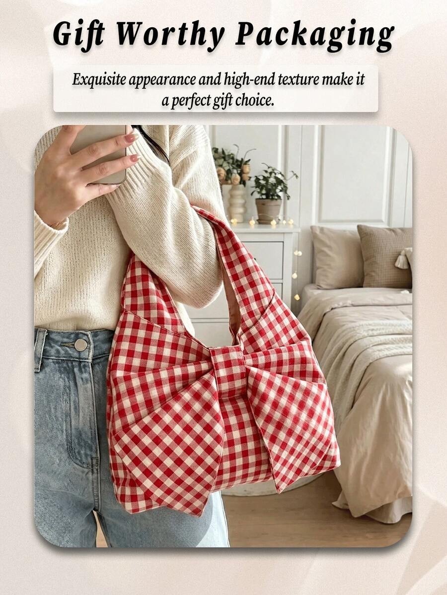 Women's Kawaii Bow-Shaped Canvas Tote Bag Red Red Purse Spacious Casual Shoulder Handbag For Summer Beach Travel Back To School