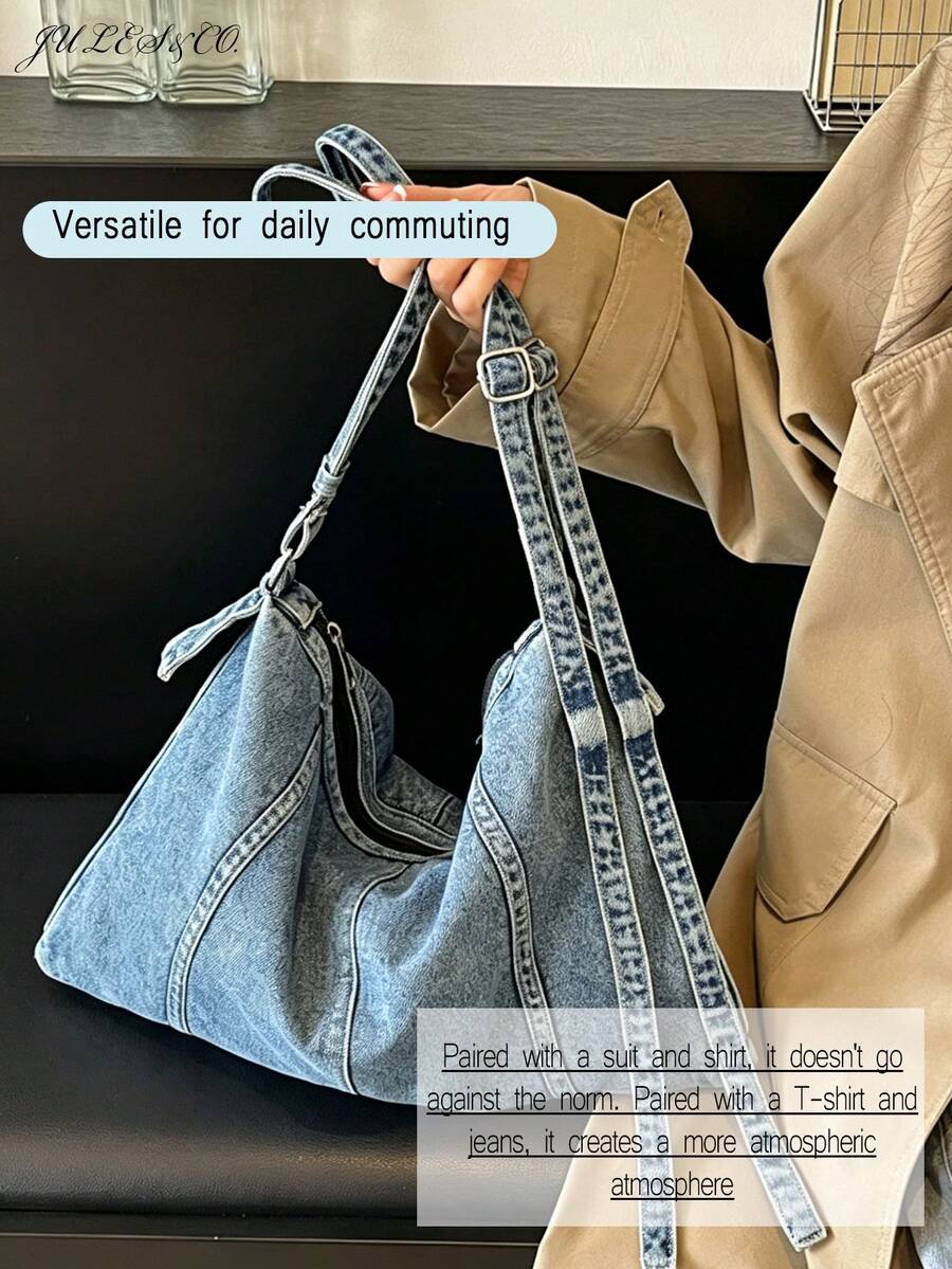 Streetwear Large Capacity Denim Handbag Heavy-Duty Shoulder Bag For Girls Soft Crossbody Bag Ideal For Shopping Beach Travel Vacation Back To School