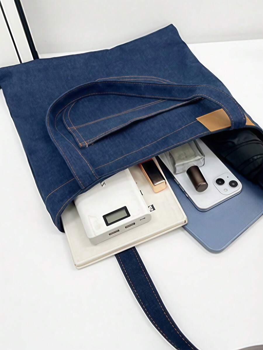 Aesthetic Denim Tote Bag Casual Shoulder Bag For Woman Large Capacity Handbag Daily Commute Bag Travel Bag Work Bag Shopping Bag Travel Essential