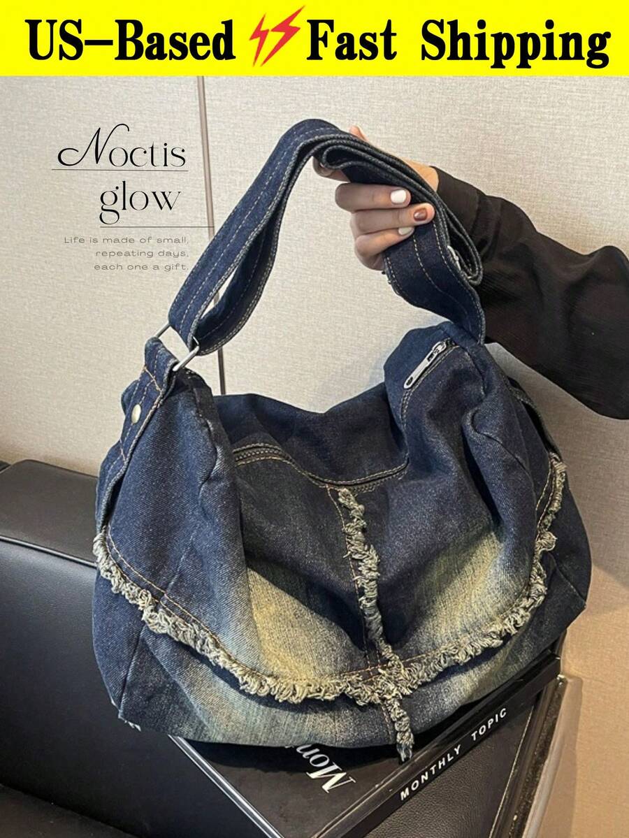 Vintage Washed Denim Hobo Shoulder Bag For Women Large Capacity Tote Bag Practical Fabric Adjustable Strap Crossbody Bag For Daily Shopping Travel