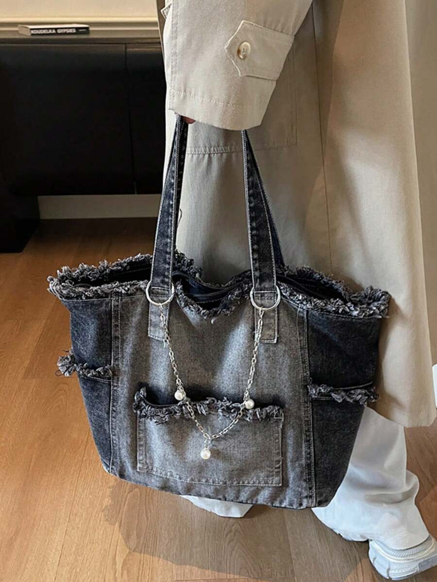 Women's Large Capacity Denim Tote Bag Retro Stylish Shoulder Bag Casual Handbag Perfect For Daily Commute Trip Shopping Work Back To School Outfits