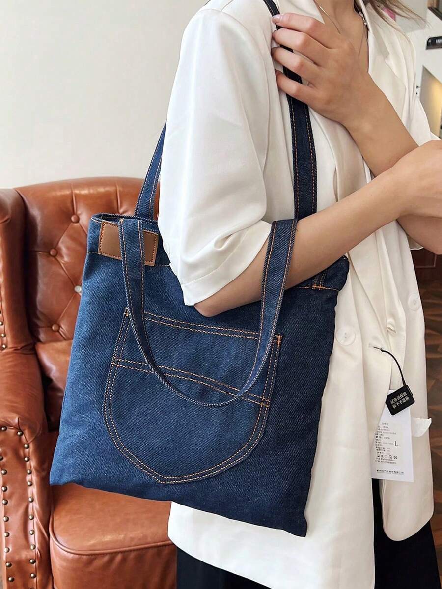 Navy Denim Tote Bag For Women Vintage Y2K Large Capacity Front Pocket Shoulder Bag Casual Lightweight Underarm Bag For Daily Travel