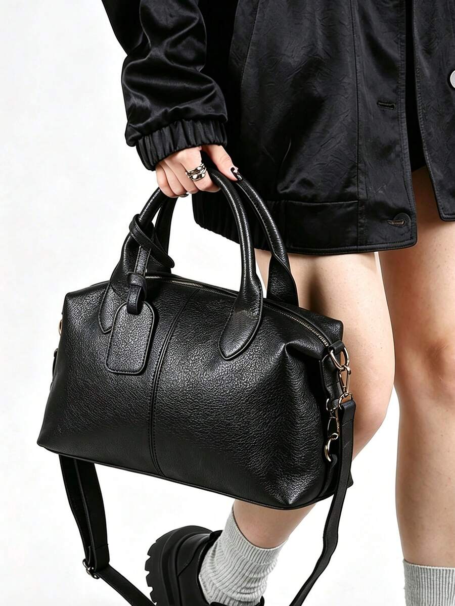 Pebbled PU Leather Satchel Boston Bag For Women Top Handle Duffle Handbag Detachable Strap Crossbody Bag Large Capacity Tote For Daily