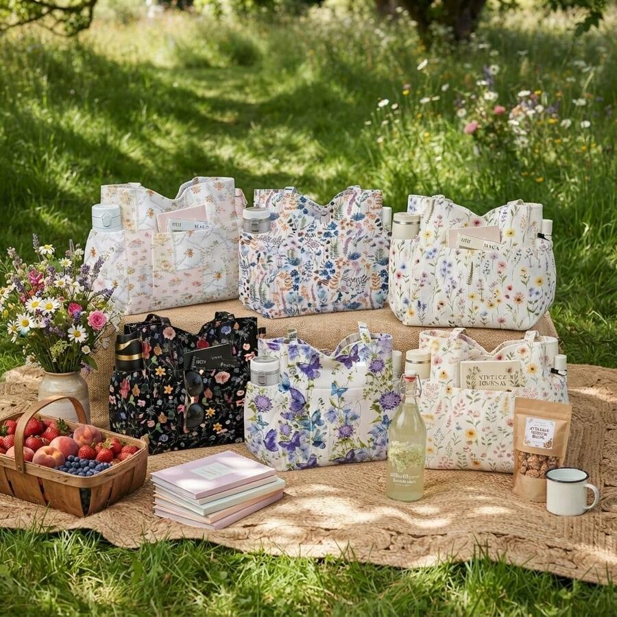 Women's Floral Series Corduroy Tote Bag Large Capacity Lightweight Multi-Pocket For Vacation Shopping Travel Gift Daily Use