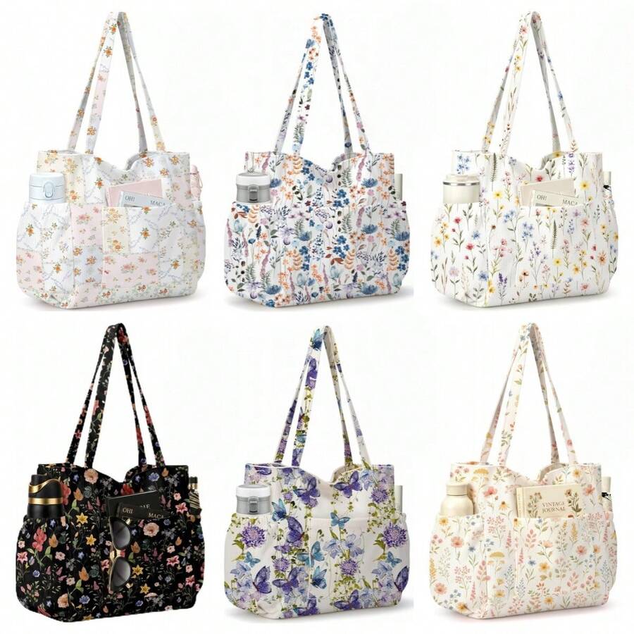 Women's Floral Series Corduroy Tote Bag Large Capacity Lightweight Multi-Pocket For Vacation Shopping Travel Gift Daily Use