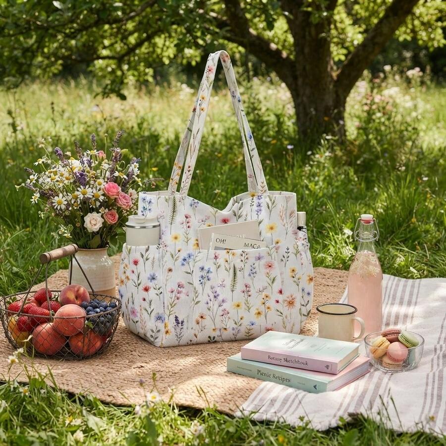 Women's Floral Series Corduroy Tote Bag Large Capacity Lightweight Multi-Pocket For Vacation Shopping Travel Gift Daily Use