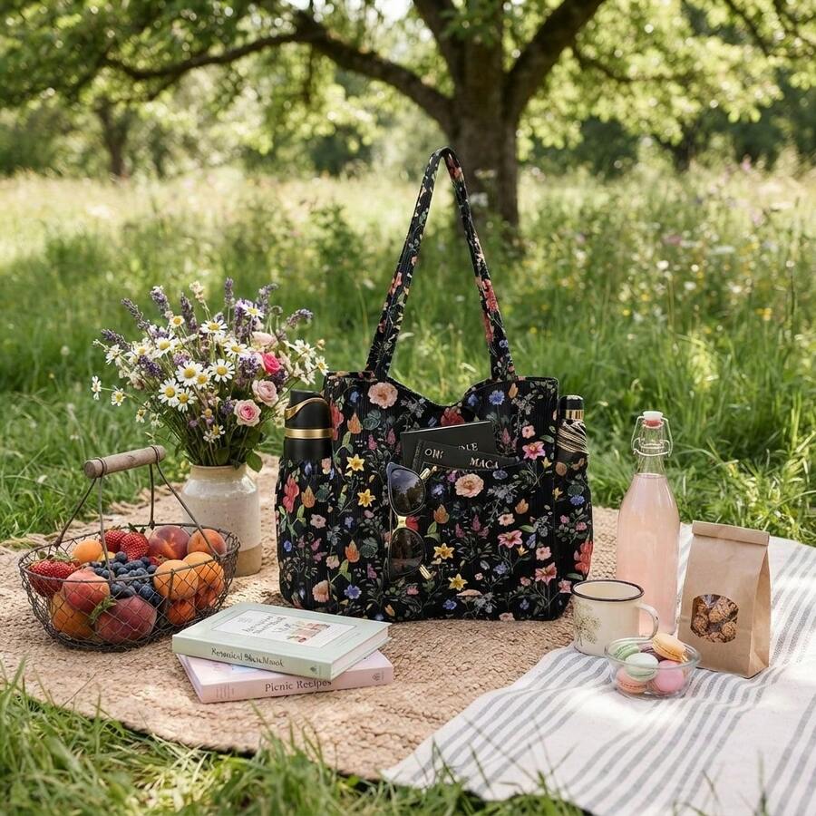 Women's Floral Series Corduroy Tote Bag Large Capacity Lightweight Multi-Pocket For Vacation Shopping Travel Gift Daily Use