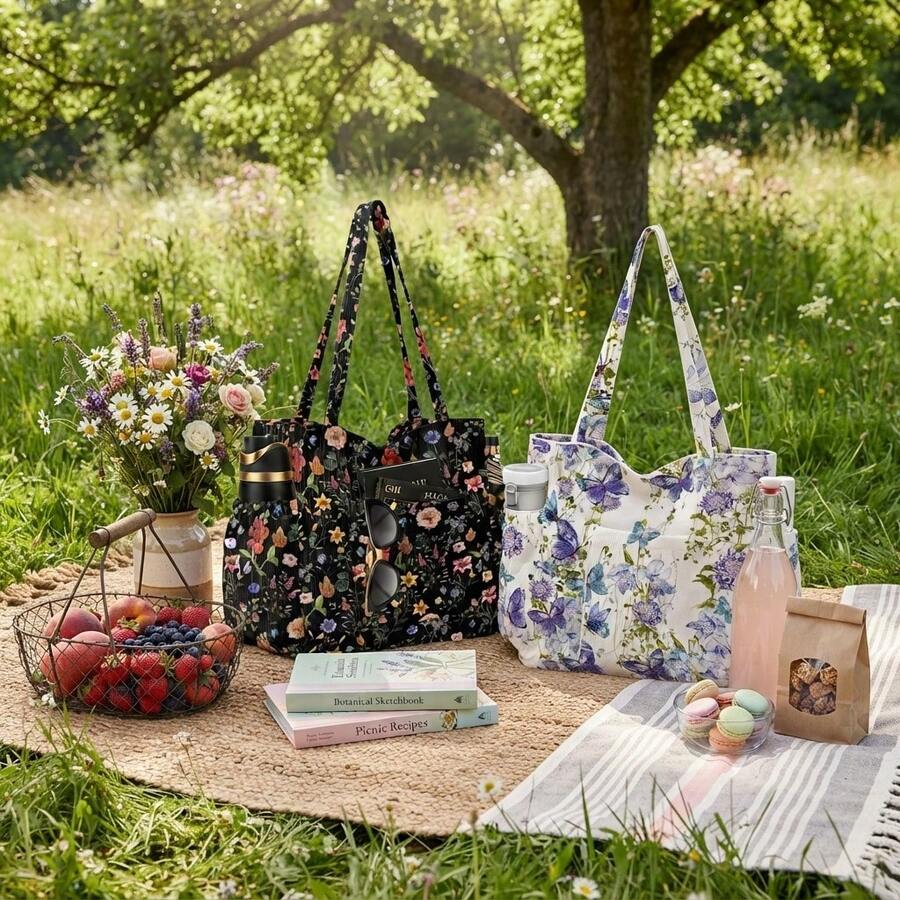 Women's Floral Series Corduroy Tote Bag Large Capacity Lightweight Multi-Pocket For Vacation Shopping Travel Gift Daily Use