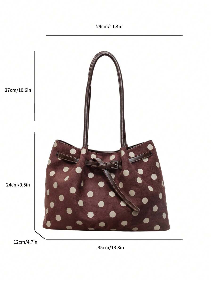 New Women's Polka Dot Print PU Large Capacity Tote Bag With Belt Buckle Design, Minimalist Commuter Shoulder Bag, Suitable For Daily Outings, Shopping, Commuting, Versatile Handbag And Shoulder Bag
