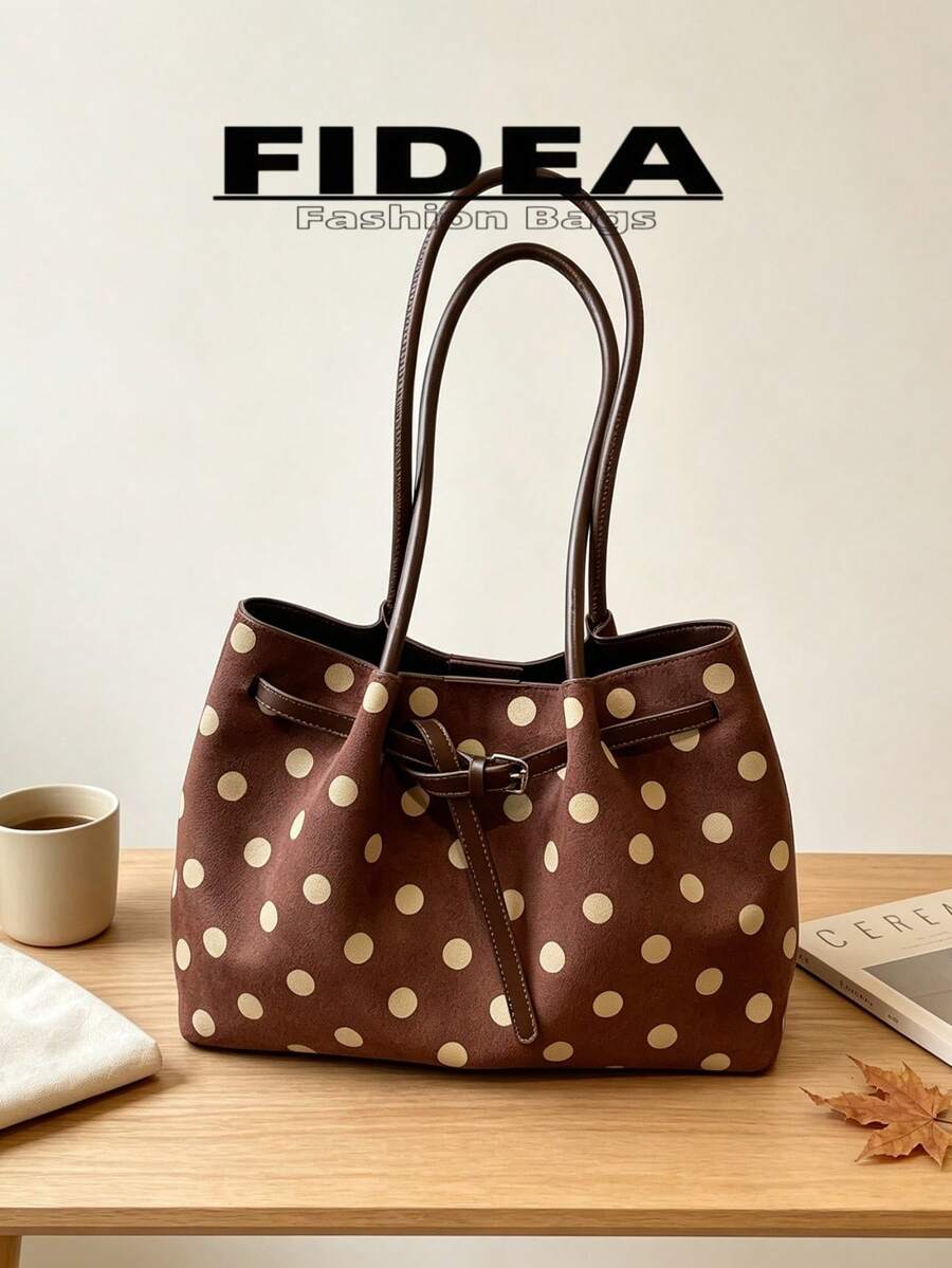 New Women's Polka Dot Print PU Large Capacity Tote Bag With Belt Buckle Design, Minimalist Commuter Shoulder Bag, Suitable For Daily Outings, Shopping, Commuting, Versatile Handbag And Shoulder Bag