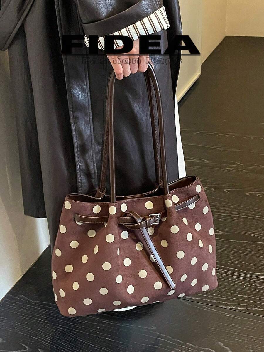 New Women's Polka Dot Print PU Large Capacity Tote Bag With Belt Buckle Design, Minimalist Commuter Shoulder Bag, Suitable For Daily Outings, Shopping, Commuting, Versatile Handbag And Shoulder Bag